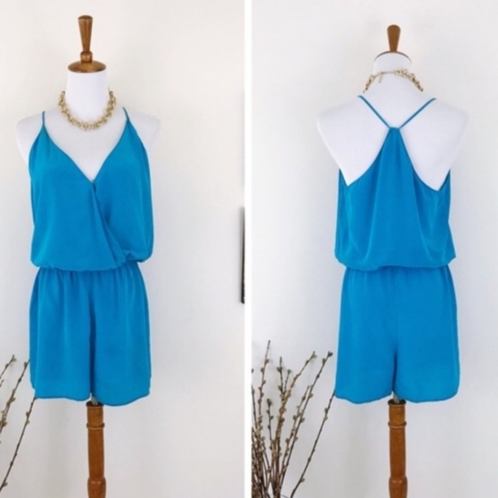 Rory Beca 100% Silk Womens L Turquoise Blue Romper Beachy Resortwear Faded